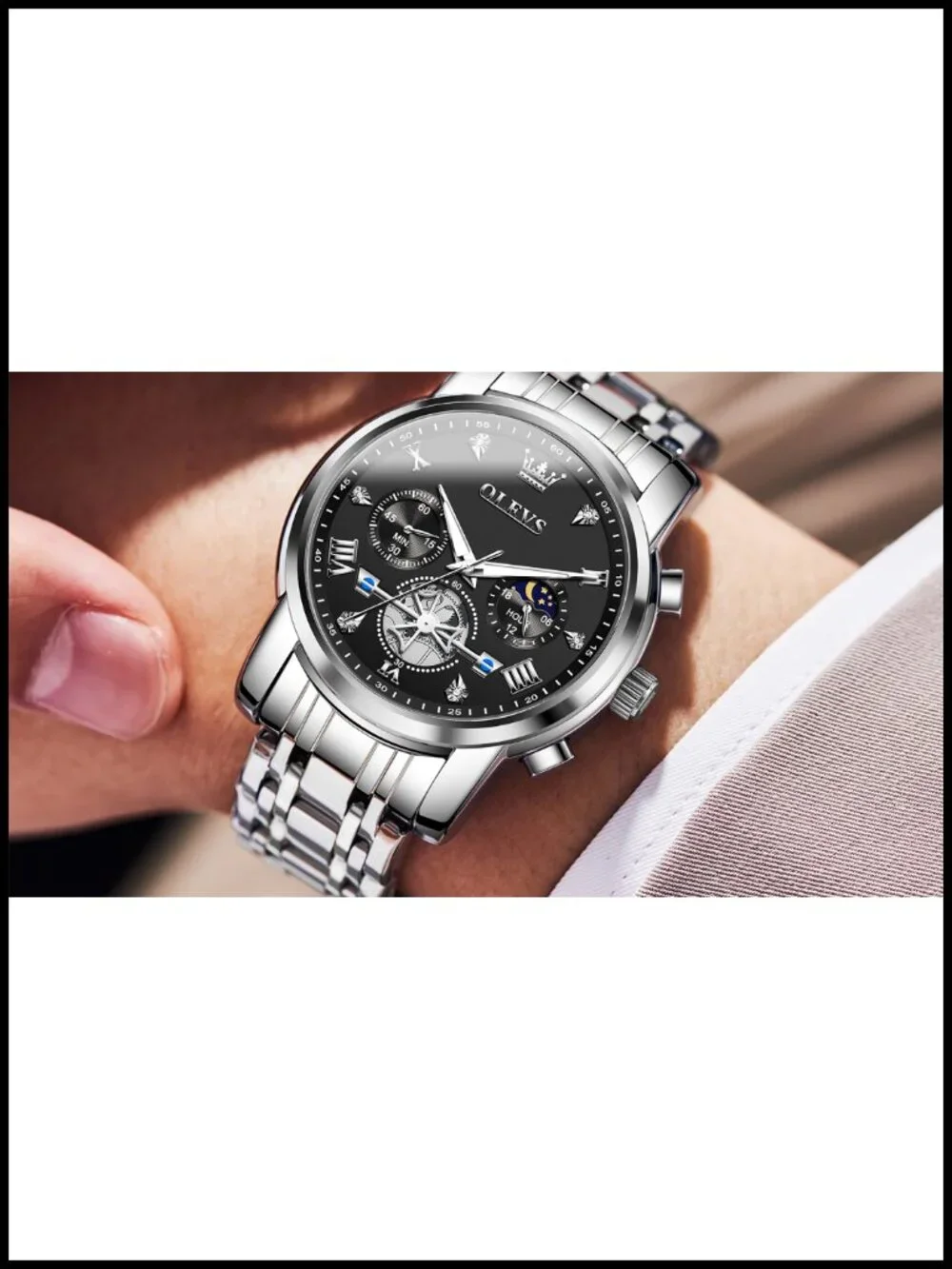 Mens Stainless Steel Chronograph Watch Diamond Roman Numeral Quartz Dress